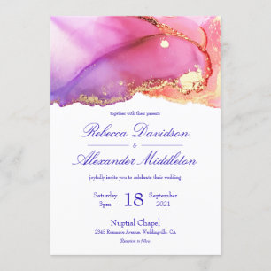 Invitation Mariage Abstrait de lavage d'encre rose violet or
