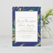 Invitation Mariage Abstrait Faux Or Liquide Marbre Bleu (Debout devant)