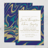 Invitation Mariage Abstrait Faux Or Liquide Marbre Bleu (Devant / Derrière)
