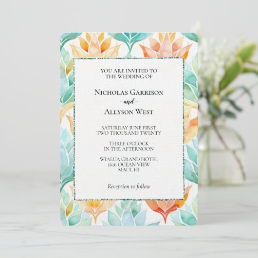Invitation Mariage Abstrait floral blanc turquoise Tangerine (Debout devant)