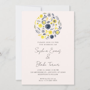 Invitation Mariage Abstrait Jaune et Bleu Bouquet Rose Pâle