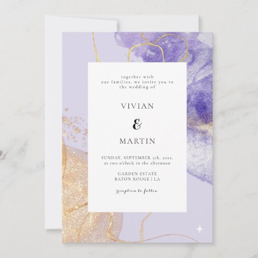 Invitation Mariage Abstrait luxueux violet et doré (Devant)