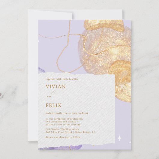 Invitation Mariage Abstrait luxueux violet et doré (Devant)