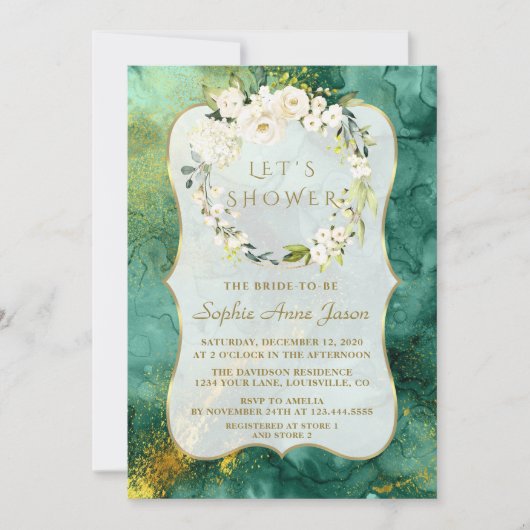 Invitation Mariage Abstrait Malachite Or Blanc Douche (Devant)