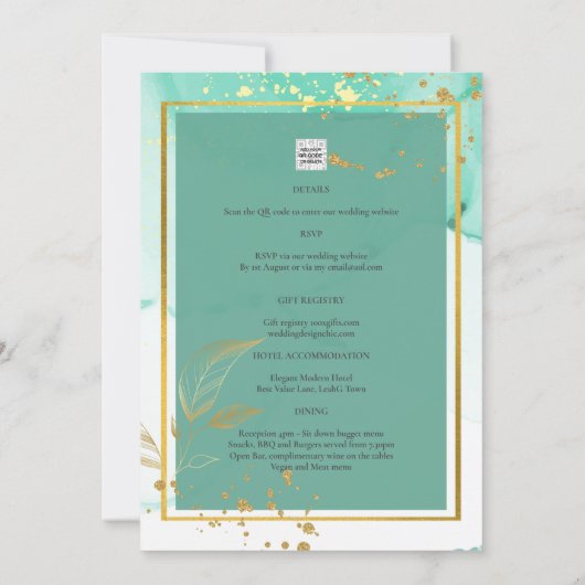 Invitation Mariage Abstrait Mint Green Gold Alcohol Enk (Dos)