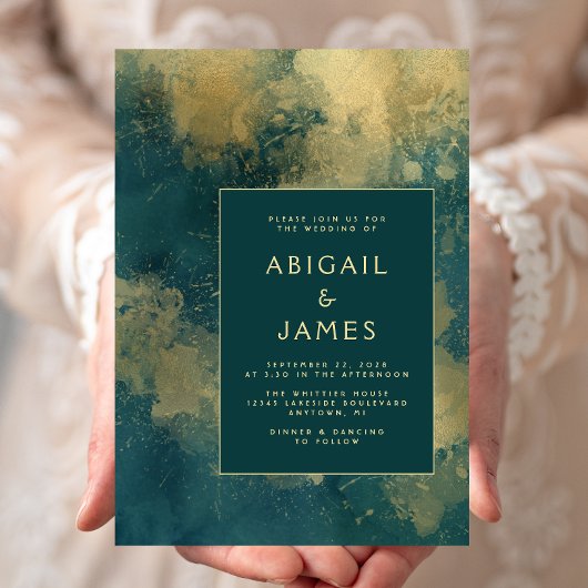 Invitation Mariage Abstrait Moderne Bleu Sarcelle Or