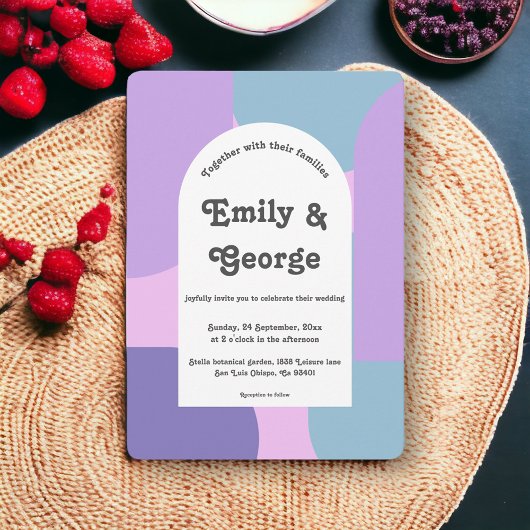 Invitation Mariage Abstrait moderne Pastel Blue Purple Retro