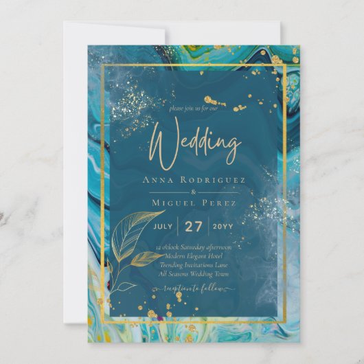 Invitation Mariage Abstrait Peacock Blue Gold (Devant)
