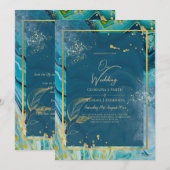 Invitation Mariage Abstrait Peacock Blue Gold (Devant / Derrière)