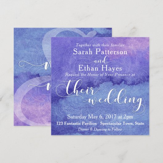 Invitation Mariage Abstrait Peinture Aquarelle Violette & Man (Devant / Derrière)
