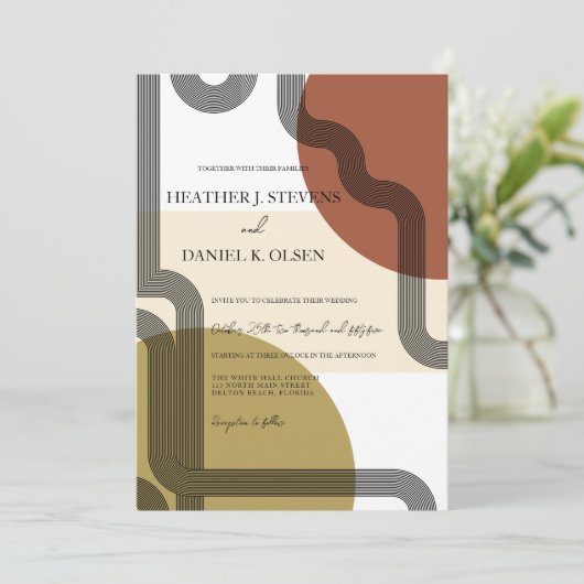 Invitation Mariage Abstrait Retro Mustard Beige Terracotta (Debout devant)