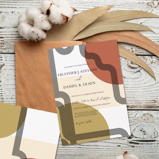 Invitation Mariage Abstrait Retro Mustard Beige Terracotta