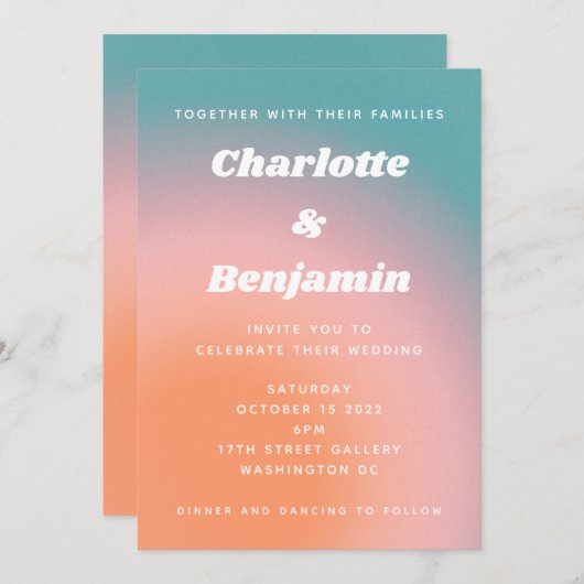 Invitation Mariage Abstrait rose Turquoise rétro (Devant / Derrière)