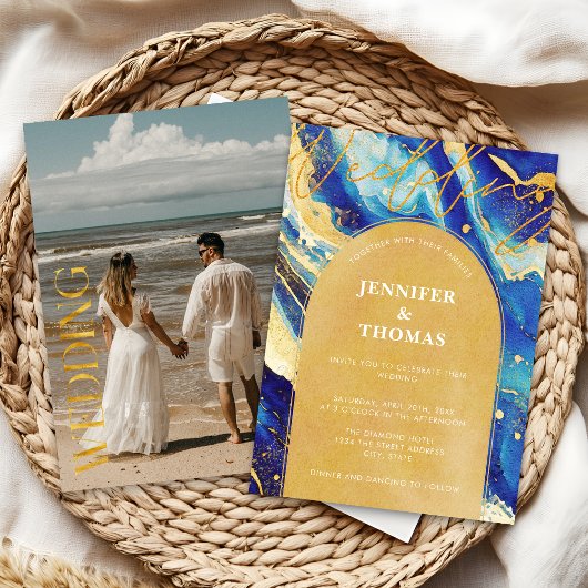 Invitation Mariage Abstrait sous Arche Photographique Bleu Or