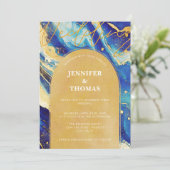 Invitation Mariage Abstrait sous Arche Photographique Bleu Or (Debout devant)