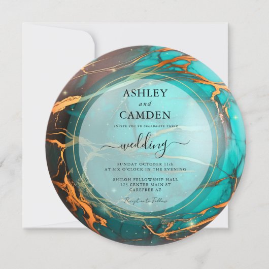 Invitation Mariage Abstrait Turquoise et Gold Celestial (Devant)