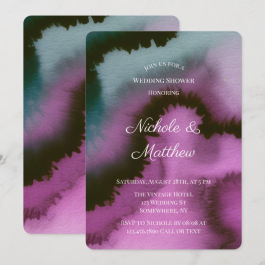 Invitation Mariage Abstrait Violet et Turquoise Atmosphérique (Devant / Derrière)