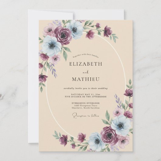 Invitation Mariage Acier Améthyste Ranunculus Eucalyptus (Devant)