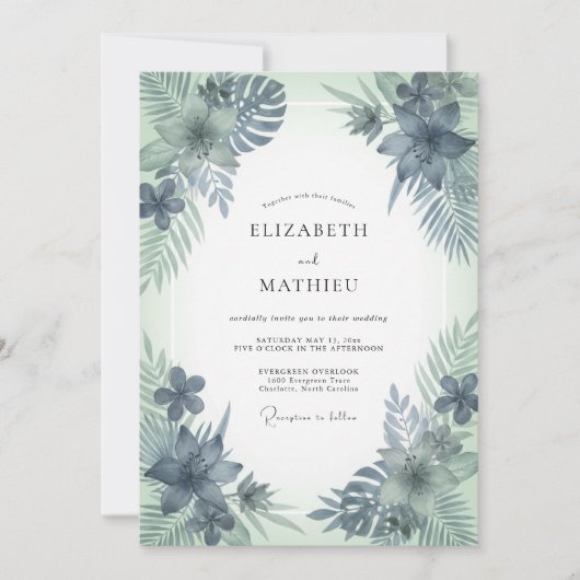 Invitation Mariage Acier Menthe Palmier Eucalyptus (Devant)