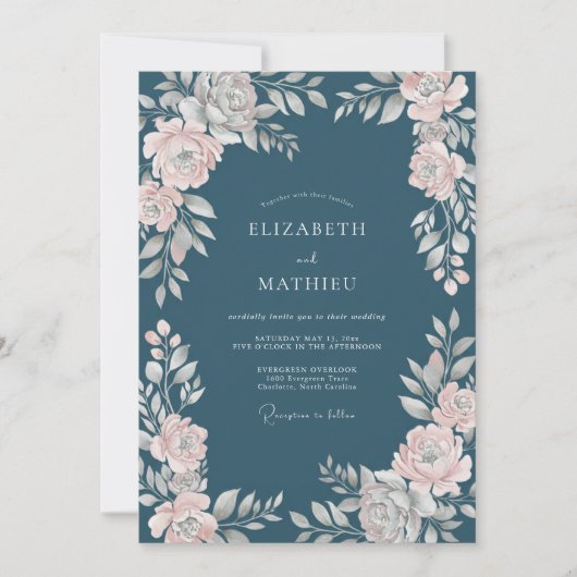 Invitation Mariage Acier Pâle Blush Ranunculus Eucalyptus (Devant)