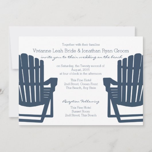 Invitation Mariage Adirondack Navy Blue Beach Chaises (Devant)