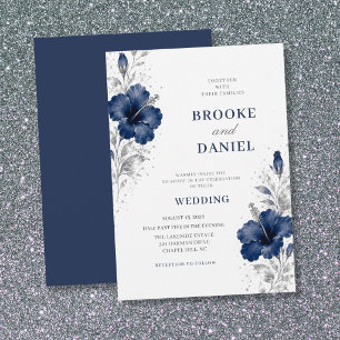 Invitation Mariage aérien Navy Hibiscus Silver Sparkle