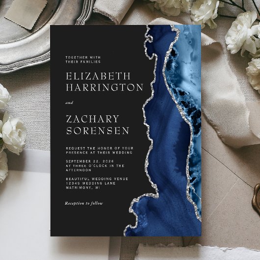 Invitation Mariage Agate Bleu Marine Argent