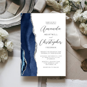 Invitation Mariage Agate Bleu Nuit Argent Script