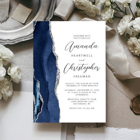 Invitation Mariage Agate Bleu Nuit Argent Script