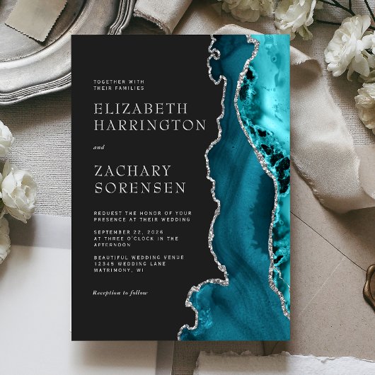 Invitation Mariage Agate Bleu Turquoise Argent