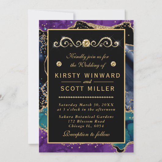 Invitation Mariage Agate Bleu Violet Sarcelle Or Paillettes (Devant)