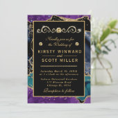 Invitation Mariage Agate Bleu Violet Sarcelle Or Paillettes (Debout devant)