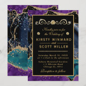Invitation Mariage Agate Bleu Violet Sarcelle Or Paillettes (Devant / Derrière)