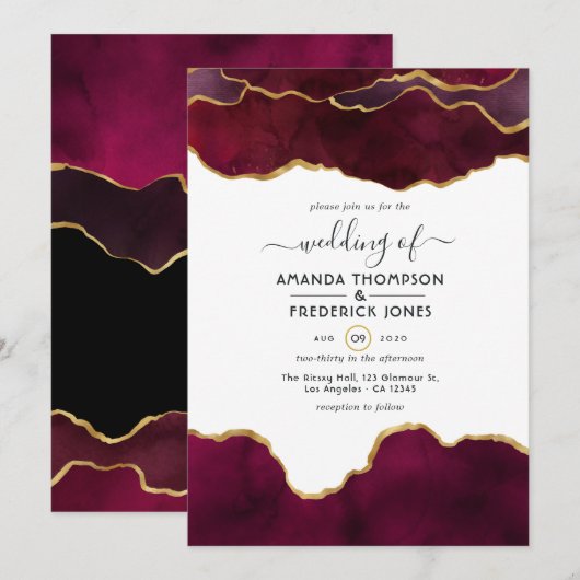 Invitation Mariage Agate Bourgogne et Or (Devant / Derrière)