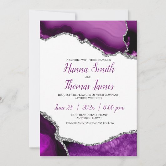 Invitation Mariage Agate de Parties scintillant d'argent viol (Devant)