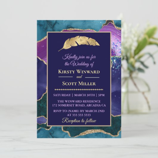 Invitation Mariage Agate de Parties scintillant Turquoise d'o (Debout devant)