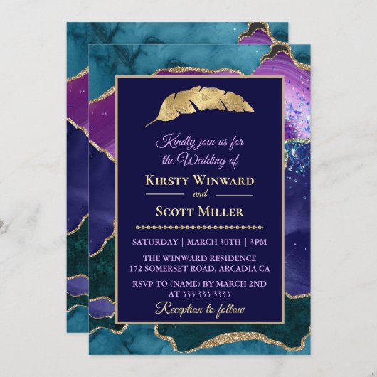 Invitation Mariage Agate de Parties scintillant Turquoise d'o (Devant / Derrière)