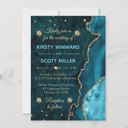 Invitation Mariage agate et marbre doré et sarcelle (Devant)
