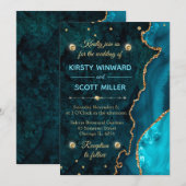 Invitation Mariage agate et marbre doré et sarcelle (Devant / Derrière)