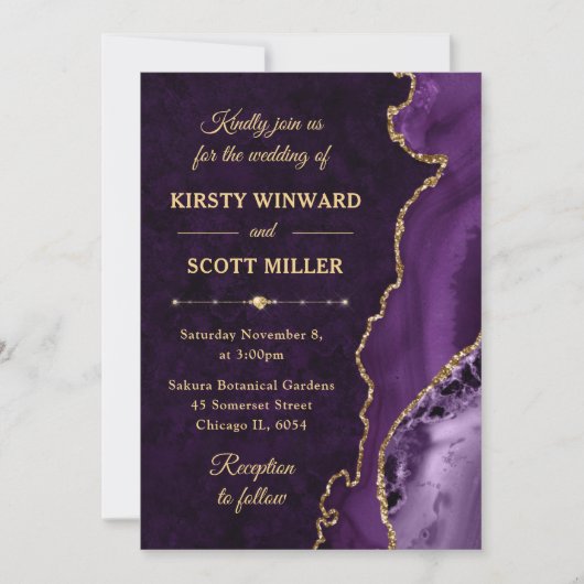 Invitation Mariage agate et marbre pailleté violet et or (Devant)