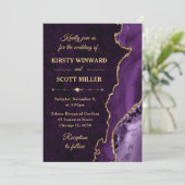 Invitation Mariage agate et marbre pailleté violet et or (Debout devant)
