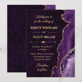 Invitation Mariage agate et marbre pailleté violet et or (Devant / Derrière)