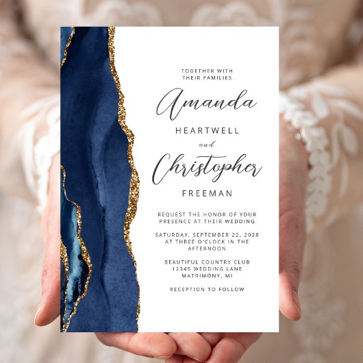 Invitation Mariage Agate Navy Blue Gold Script
