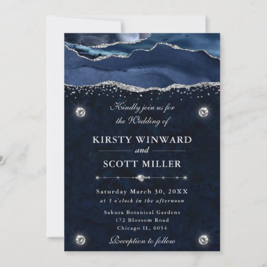 Invitation Mariage Agate Pailleté Bleu et Argent (Devant)