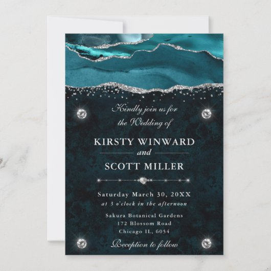 Invitation Mariage Agate Pailleté de Sarcelle et d'Argent (Devant)