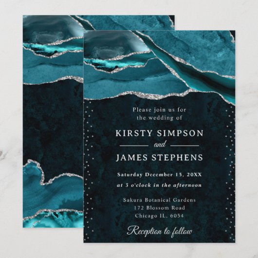Invitation Mariage Agate Pailleté Sarcelle et Argent (Devant / Derrière)