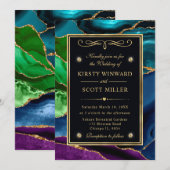 Invitation Mariage Agate Pailleté Violet, Bleu et Vert (Devant / Derrière)
