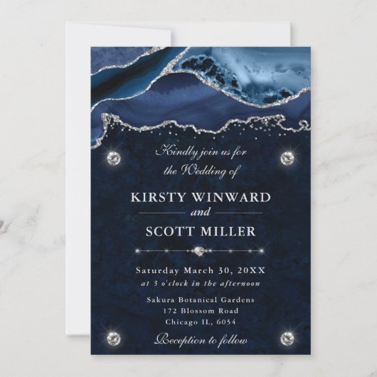 Invitation Mariage Agate Pailletée Bleue et Argentée (Devant)