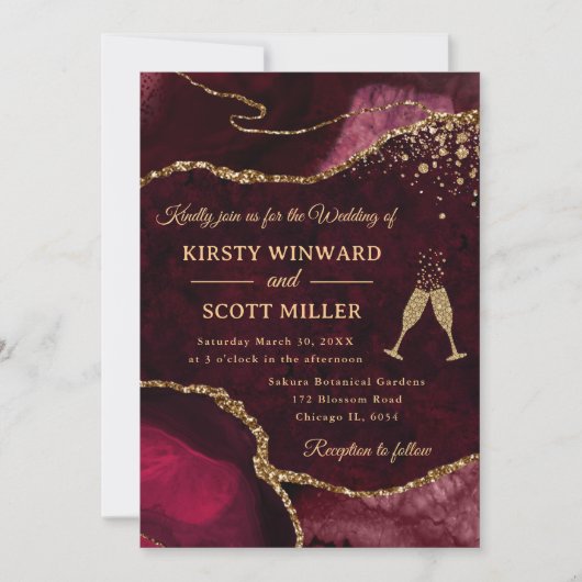 Invitation Mariage Agate Pailletée Rouge et Or (Devant)
