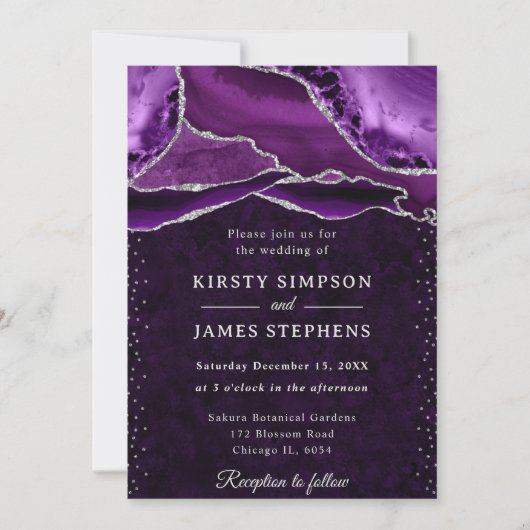 Invitation Mariage agate pailletée violet et argent (Devant)
